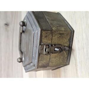 ​Antique Hexagonal Brass Spice Box Middle Eastern Pill Box Verdigris Patina